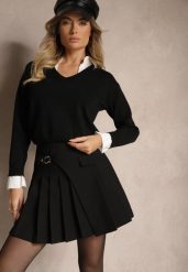 Czarna Spódnico-Szorty Plisowane z Wiskozą i Ozdobną Klamerką Kaianara. Czarne spódnice Renee, xs, bez wzorów, z materiału, mini, plisowane. W wyprzedaży za 51.99 zł.