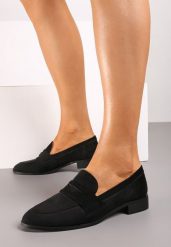 Czarne Klasyczne Mokasyny Typu Loafersy na Płaskiej Podeszwie Daivina. Czarne mokasyny Renee, bez wzorów, z jeansu. W wyprzedaży za 67.99 zł.