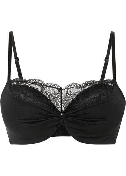 Biustonosz typu push up z koronkową wstawką. Czarne biustonosze bonprix, bez wzorów, z koronki. Za 67.99 zł.
