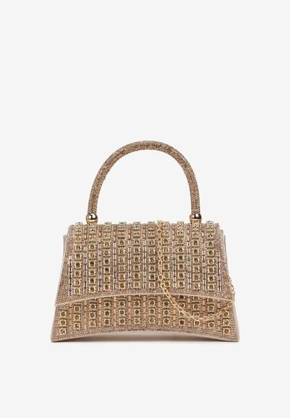 Złota Cyrkoniowa Torebka w Koktajlowym Stylu z Rączką i Łańcuszkiem na Ramię Yolatia. Żółte torebki klasyczne Renee, bez wzorów, na ramię, bez dodatków. Za 99.99 zł.