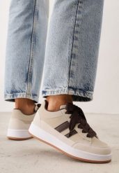 Beżowe Sneakersy Basic z Paskami na Boku Adila. Brązowe buty sportowe lifestyle Renee, bez wzorów, z jeansu, klasyczne, bez zapięcia. Za 99.99 zł.