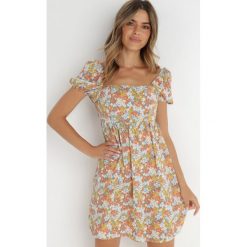 Beżowo-Pomarańczowa Sukienka Konmey. Brązowe sukienki Born2be, l, bez wzorów, retro, bez kołnierzyka, bez ramiączek, mini. Za 129.99 zł.