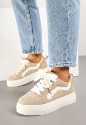 Ciemnobeżowe Sneakersy Kultowe Tenisówki na Grubej Podeszwie Nurisora. Brązowe trampki Renee, bez wzorów, z jeansu, bez zapięcia. W wyprzedaży za 75.99 zł.