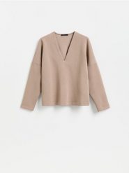 Bluza z dekoltem V - brązowy. Brązowe bluzy bez kaptura Reserved, l, bez wzorów, z bawełny, bez kaptura. Za 89.99 zł.