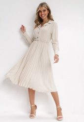 Beżowa Koszulowa Sukienka z Plisowanym Dołem i Paskiem Tesika. Brązowe sukienki Born2be, l, bez wzorów, z materiału, eleganckie, bez kołnierzyka, bez ramiączek, midi, koszulowe. W wyprzedaży za 101.99 zł.