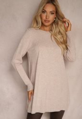 Ciemnobeżowy Sweter bez Zdobień o Luźnym Długim Fasonie Arferiava. Brązowe swetry Renee, z aplikacjami, casualowe, bez ramiączek. W wyprzedaży za 63.99 zł.