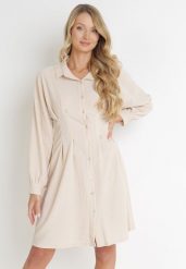 Beżowa Taliowana Sukienka Koszulowa Mini Arukini. Brązowe sukienki Born2be, bez wzorów, bez kołnierzyka, bez ramiączek, mini, koszulowe. Za 29.99 zł.