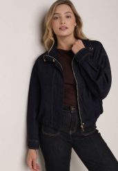 Granatowa Jeansowa Kurtka Przejściowa z Bawełny o Kroju Bombki z Kołnierzykiem Jotima. Niebieskie kurtki Born2be, m, bez wzorów, z bawełny, eleganckie, bez kaptura. Za 169.99 zł.
