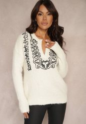 Jasnobeżowy Sweter z Dodatkiem Wełny i Ozdobnym Haftem Melorinnea. Brązowe swetry Renee, na jesień, m, bez wzorów, z jeansu, biznesowe, bez ramiączek. W wyprzedaży za 55.99 zł.