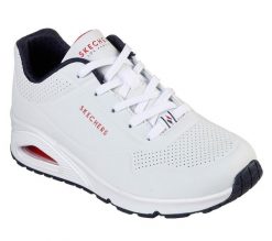 Buty sportowe Sneakersy damskie, Uno-Stand on Air. Białe buty treningowe Skechers, na lato, bez wzorów, z materiału, przed kostkę, bez zapięcia, trekkingowe. Za 329.99 zł.