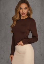 Brązowa Dopasowana Bluzka Typu Longsleeve z Bawełną Moanti. Brązowe bluzki Renee, l, bez wzorów, z bawełny, wizytowe, bez kołnierzyka, bez ramiączek. Za 79.99 zł.