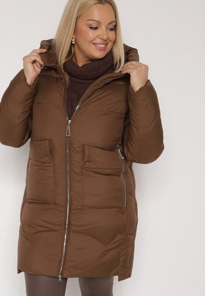 Brązowa Długa Pikowana Kurtka z Nieodpinanym Kapturem Mevessia. Brązowe kurtki Born2be, l, bez wzorów, z jeansu, eleganckie. Za 239.99 zł.