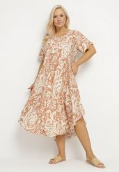 Beżowa Rozkloszowana Sukienka z Wiskozy z Geometrycznym Wzorem Emisova. Brązowe sukienki Born2be, na co dzień, xl, bez wzorów, z wiskozy, eleganckie, bez kołnierzyka, bez ramiączek, midi, rozkloszowane. Za 109.99 zł.