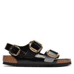 Sandały Birkenstock. Czarne sandały Birkenstock, bez wzorów, bez obcasa, na płaskiej podeszwie, bez zapięcia. Za 729.99 zł.