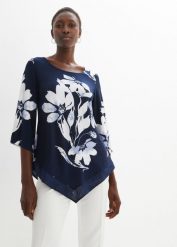 Tunika shirtowa w roślinny wzór. Niebieskie tuniki bonprix, bez wzorów, eleganckie, bez kołnierzyka, bez ramiączek. Za 124.99 zł.