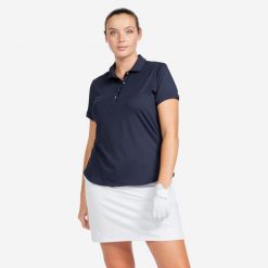 Koszulka polo do golfa z krótkim rękawem Inesis WW500 damska. Niebieskie t-shirty sportowe INESIS, m, z aplikacjami, z bawełny, bez ramiączek, na golfa. Za 89.99 zł.