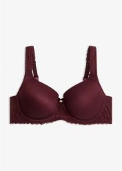 Biustonosz z usztywnianymi miseczkami i wyściełanym ramiączkami. Fioletowe biustonosze bonprix, bez wzorów, z koronki. Za 74.99 zł.