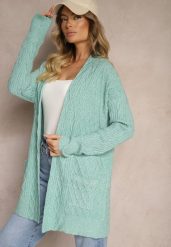 Miętowy Kardigan Nierozpinany o Długim Kroju Ozdobiony Tłoczeniem Vailithe. Zielone swetry Renee, s, z aplikacjami, z jeansu, eleganckie, bez ramiączek. Za 139.99 zł.