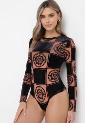 Beżowe Body z Długim Rękawem w Geometryczny Wzór Gerilla. Brązowe body i gorsety Born2be, bez wzorów, bez ramiączek. Za 129.99 zł.