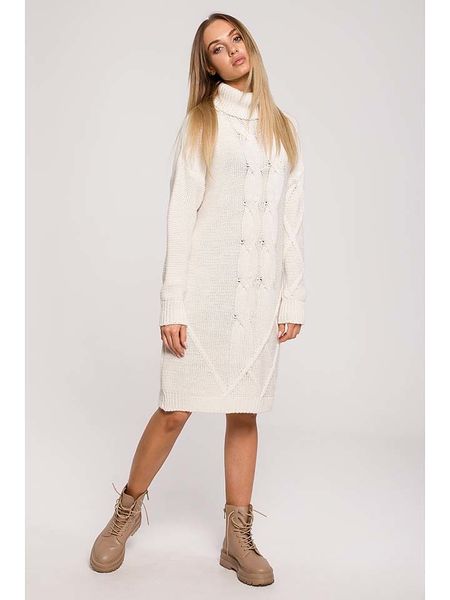 Made of emotion Sukienka dzianinowa w kolorze kremowym rozmiar: L/XL. Brązowe sukienki Made Of Emotion, na co dzień, l, bez wzorów, z dzianiny, bez kołnierzyka, bez ramiączek, midi, proste. Za 69.91 zł.