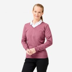 Sweter do golfa damski Inesis MW100 dekolt w serek. Fioletowe swetry INESIS, l, bez wzorów, z bawełny, eleganckie, bez ramiączek. Za 69.99 zł.