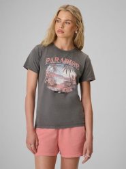 4F T-shirt regular z nadrukiem damski - szary XL. Szare t-shirty 4f, xl, bez wzorów, z bawełny, bez kołnierzyka, bez ramiączek. Za 69.99 zł.