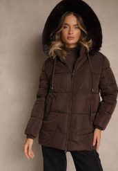 Brązowa Klasyczna Kurtka z Pikowanymi Przeszyciami i Kapturem z Futrem Mundrie. Brązowe kurtki Renee, l, z aplikacjami, z dzianiny, casualowe. Za 209.99 zł.