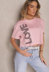 Różowy T-shirt z Bawełny o Krótkim Kroju Ozdobiony Napisem Sannovia. Czerwone t-shirty Renee, m, bez wzorów, z bawełny, klasyczne, bez kołnierzyka, bez ramiączek. W wyprzedaży za 35.99 zł.