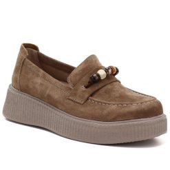 Skórzane półbuty damskie mokasyny na platformie z koralikami camel Vinceza 79649. Brązowe mokasyny VINCEZA, z aplikacjami, ze skóry. Za 249.99 zł.