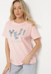 Różowy T-shirt z Bawełny Ozdobiony Cekinami i Cyrkoniami Camiren. Czerwone t-shirty Born2be, l, z aplikacjami, z bawełny, eleganckie, bez kołnierzyka, bez ramiączek. Za 59.99 zł.