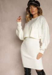 Biały Komplet z Wiskozy Sweter Ozdobiony Cyrkoniami i Prążkowana Spódnica Emelessa. Białe swetry Renee, bez wzorów, prążkowane, eleganckie, bez ramiączek. W wyprzedaży za 135.99 zł.