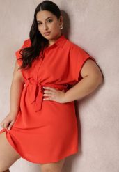 Pomarańczowa Sukienka Koszulowa Wiązana w Pasie z Krótkimi Rękawami Wellwood. Brązowe sukienki Renee, na imprezę, plus size, bez wzorów, z tkaniny, bez kołnierzyka, plus size, bez ramiączek, midi, koszulowe. W wyprzedaży za 62.99 zł.