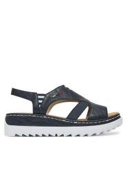 Rieker Sandały CEO-V44Y5-14 Granatowy. Niebieskie sandały Rieker, bez wzorów, ze skóry, bez obcasa, na koturnie, bez zapięcia. Za 319.99 zł.