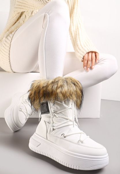 Białe Śniegowce na Grubej Podeszwie z Futerkiem Uplift. Białe śniegowce Renee, bez wzorów, bez zapięcia. Za 64.99 zł.