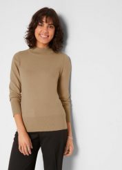 Sweter basic ze stójką, z bawełny z recyklingu. Niebieskie swetry bonprix, bez wzorów, z bawełny, bez ramiączek. Za 62.99 zł.