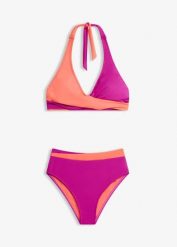 Bikini w stylu kopertowym z ramiączkami łączonymi na szyi (komplet 2-cz.). Fioletowe bikini bonprix, bez wzorów. Za 117.99 zł.