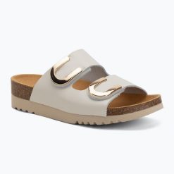 Klapki damskie Scholl Montery 2 Straps Ad Med. Białe klapki Scholl, bez wzorów, z materiału, eleganckie, bez obcasa, bez zapięcia. Za 349.99 zł.