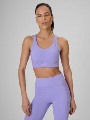 4F Biustonosz treningowy z wysokim wsparciem damski - fioletowy M. Fioletowe biustonosze sportowe 4f, bez wzorów, z gumy, na fitness i siłownię. Za 179.99 zł.