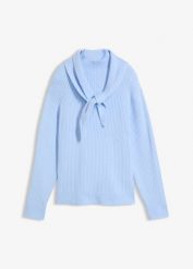 Gruby sweter ze stójką i ozdobnym szalikiem. Niebieskie swetry bonprix, bez wzorów, prążkowane, bez ramiączek. Za 139.99 zł.
