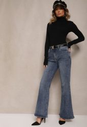 Niebieskie Jeansy o Kroju Dzwonów z Paskiem z Klamrą Zdobioną Cyrkoniami Cyreti. Niebieskie jeansy Renee, l, z aplikacjami, z jeansu, retro. W wyprzedaży za 107.99 zł.