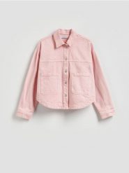 Jeansowa kurtka - różowy. Czerwone kurtki Reserved, l, bez wzorów, z bawełny, bez kaptura. Za 129.99 zł.