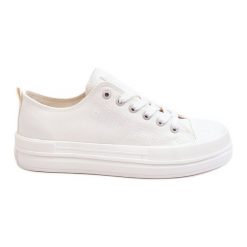 Niskie Sznurowane Tenisówki Big Star LL274968 Białe. Białe trampki bez wzorów, z materiału, retro, bez zapięcia. Za 221.62 zł.
