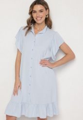 Jasnoniebieska Sukienka Koszulowa z Guzikami i Falbankami Tenalena. Niebieskie sukienki Born2be, na co dzień, bez wzorów, eleganckie, bez kołnierzyka, bez ramiączek, koszulowe. Za 79.99 zł.