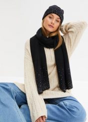 Szal + czapka (2 części). Czarne czapki zimowe bonprix, na zimę, bez wzorów. Za 129.99 zł.