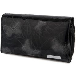 Damski Skórzany Portfel Duży Lakierowany Suwak Motyle Skóra Rfid Black 827. Czarne portfele bez wzorów, z lakierowanej skóry. Za 97.99 zł.