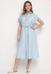 Niebieska Wiskozowa Sukienka Koszulowa z Paskiem Rinaruna. Niebieskie sukienki Born2be, na co dzień, l, bez wzorów, z wiskozy, eleganckie, bez kołnierzyka, bez ramiączek, midi, koszulowe. W wyprzedaży za 84.99 zł.