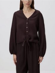 Muślinowa koszula z wiązaniem - ciemnobrązowy. Brązowe koszule Reserved, l, bez wzorów, bez kołnierzyka, bez ramiączek. Za 89.99 zł.