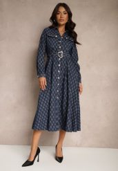 Granatowa Rozkloszowana Sukienka Koszulowa w Elegancki Wzór z Paskiem z Klamrą Salithora. Niebieskie sukienki Renee, m, bez wzorów, z jeansu, eleganckie, bez kołnierzyka, bez ramiączek, midi, koszulowe. W wyprzedaży za 263.99 zł.