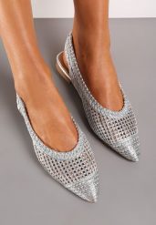 Srebrne Ażurowe Sandały z Odkrytą Piętą i Szpiczastym Noskiem Olpia. Szare sandały Renee, z aplikacjami, eleganckie, ze szpiczastym noskiem, bez obcasa, na obcasie, bez zapięcia. Za 89.99 zł.