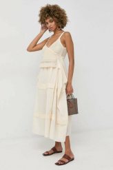 Twinset sukienka kolor beżowy midi rozkloszowana. Brązowe sukienki Twinset, m, bez wzorów, bez kołnierzyka, bez ramiączek, midi, rozkloszowane. Za 1,349.90 zł.